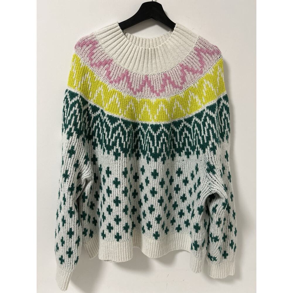 Old Navy Sweater Womens XXL White‎ Fair Isle Mock Neck Cropped Long Sleeves Neon